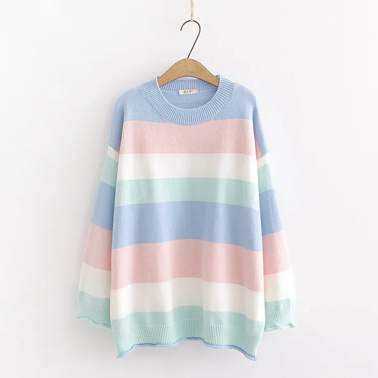 Синий MERRY PRETTY Women's Rainbow Color Knit Jumper Autumn Winter Long Sleeve O-Neck Knitted Sweaters Jacquard Pullover Sweaters - Цвет: Синий