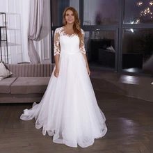 

Plus Size White Tulle Wedding Dress For Woman With Sleeves A Line Simple Bridal Gown Button Back Customize Свадебное платье 2022