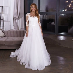 Plus Size White Tulle Wedding Dress For Woman With Sleeves A Line Simple Bridal Gown Button Back Customize Свадебное платье 2022