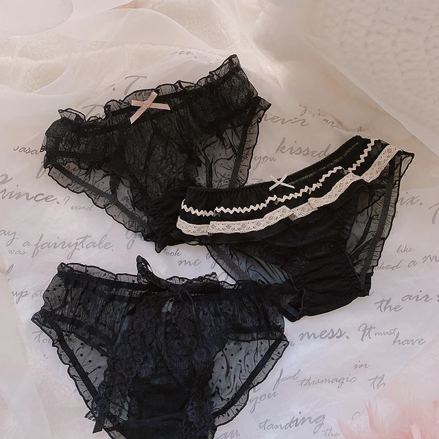 3pcs/lot Japanese sweet sexy underwear female mysterious black lace mesh  flash ribbon bow shorts