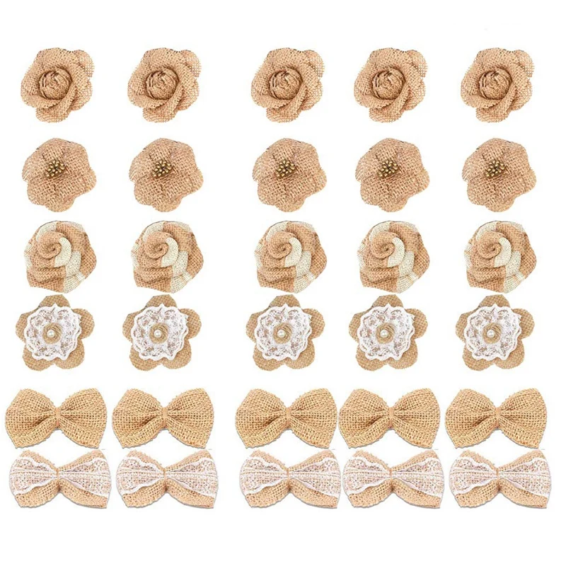 30PCS Handmade Burlap Rustic Lace Roses Flowers for DIY Craft Making and Christmas Home Wedding Party Decoration