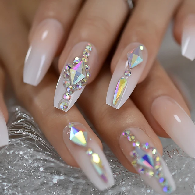 Luxury Nails Custom Large Stones Decorated Nail Art Tips Luxe Icy Ombre  Coffin Shape Press On Nails Natural with Glue Sticker - AliExpress