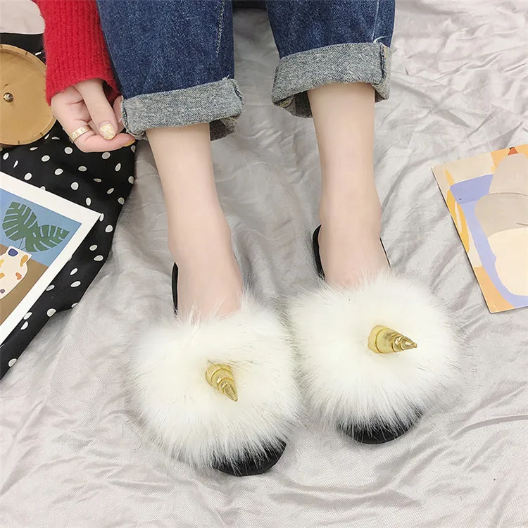 COOTELILI Winter Women Home Slippers with Faux Fur Fashion Warm Shoes Woman Slip on Flats Female Slides Black Christmas Gift