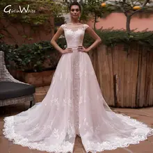 

Sexy Illusion Cap Sleeve Lace Mermaid Wedding Dresses 2022 Elegant Appliques Button Detachable Train Trumpet Bride Gown