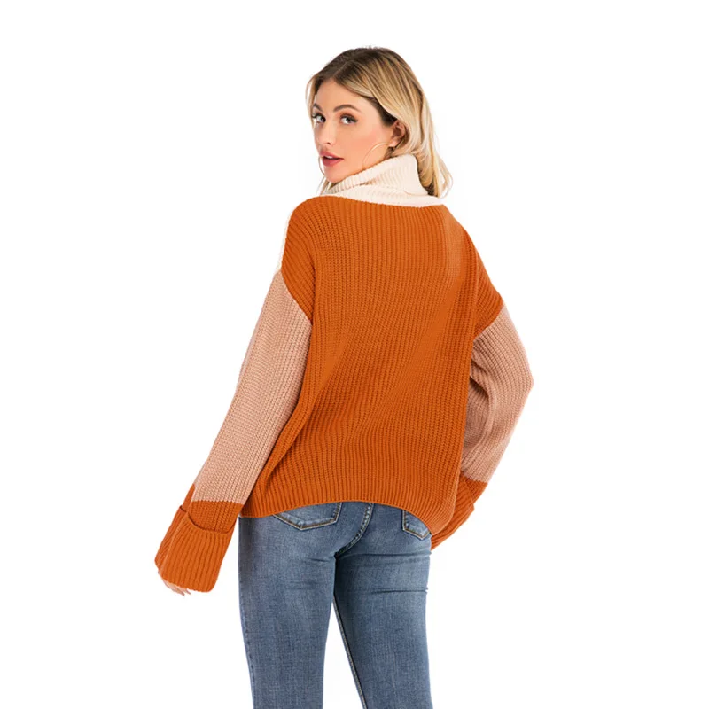 Turtleneck Sweater Woman Casual Winter Knitting Pullovers Long Sleeve Color Block Knitted Solid Jumper Women