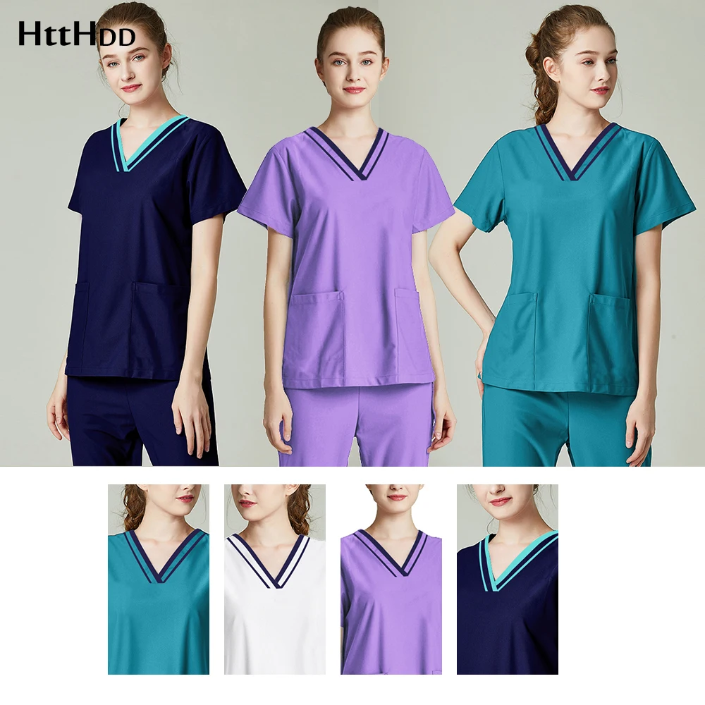 

HD42002-4Fashion Uniforms pet shop worker Beauty salon scrubs uniforms High quality Short Sleeve scrubs work cloth V-neck Women