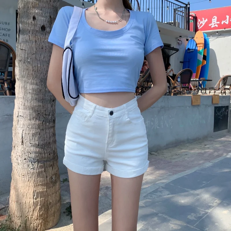 lululemon shorts GOOHOJIO 2021 Summer New Ladies High Waist Skinny Denim Shorts Fashion Vacation Shorts Female Sexy Thin Elasticity Beach Shorts burberry shorts