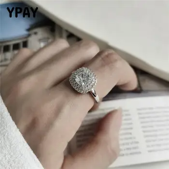 

YPAY Genuine 925 Sterling Silver Open Ring for Women Big Zircon Wedding Engagement Finger Rings Female Fine Jewelry Gift YMR819