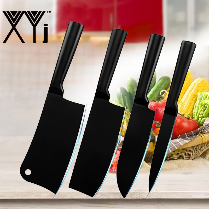XYJ Kitchen Knife Set Japanese 7&quot Santoku 5&quot Utility 6.5&quot Chef Chopping Knives Holder Stainless Steel Black Blade Cooking Tools | Дом