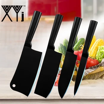 

XYJ Kitchen Knife Set Japanese 7" Santoku 5" Utility 6.5" Chef Chopping Knives Holder Stainless Steel Black Blade Cooking Tools