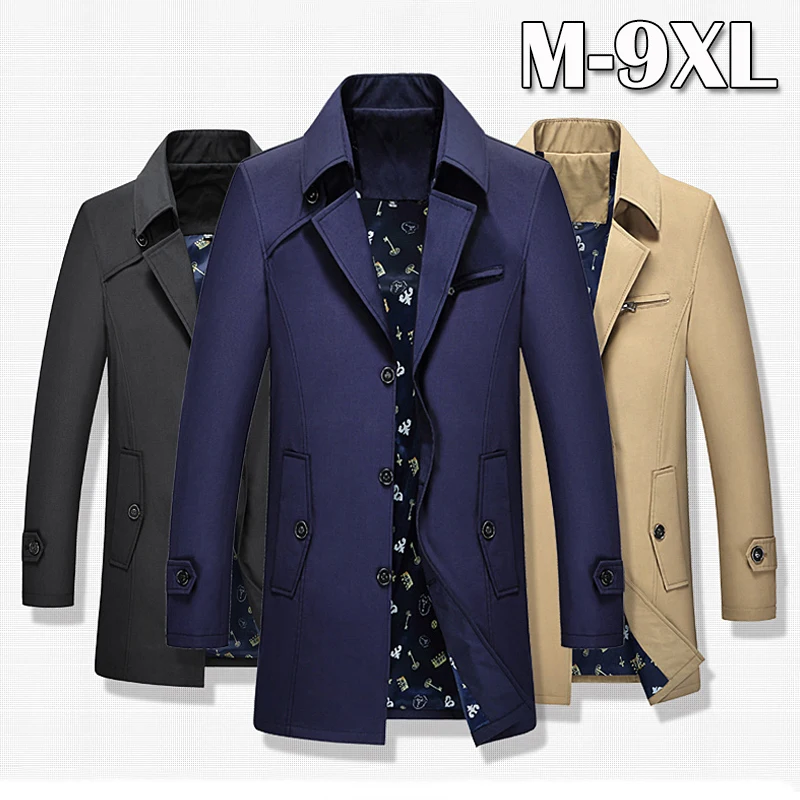 Spring Autumn Men's Long Thin Trench Coats Man Cotton Casual Slim Fit Design Office Jacket Overcoat Plus Size M-9XL Windbreaker | Мужская