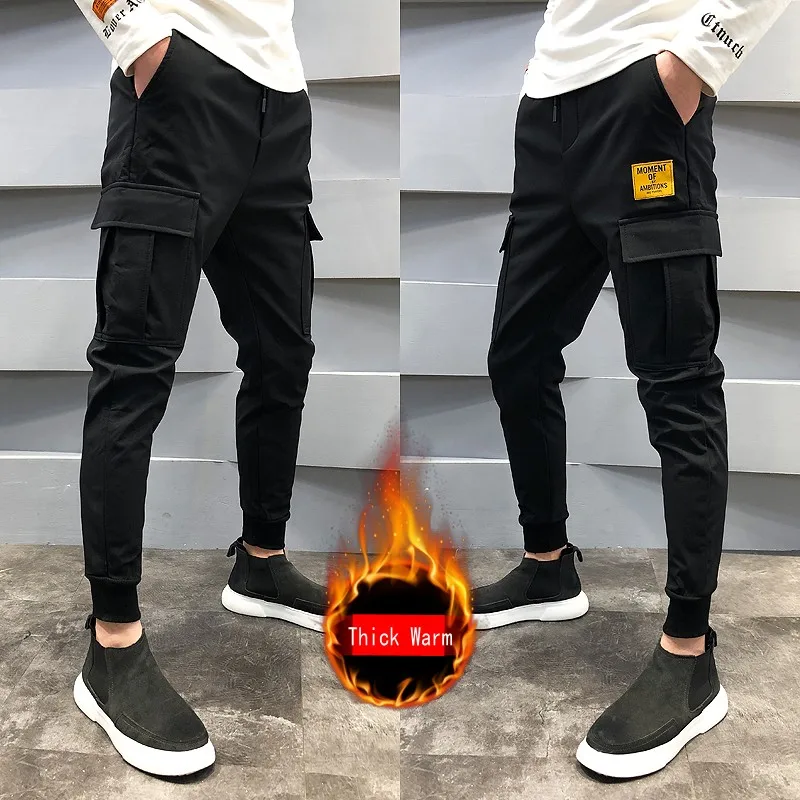 Black Thick New Autumn Winter Cargo Pants Men Fashion Side Pocket Decor Mens Casual Harem Pants Slim Fit Joggers Men Streetwear Hip Hop - Цвет: Black Thick
