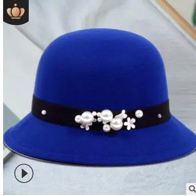 Женская Фетровая Шляпа Fedora, зимние шапки с широкими полями, осенняя мода, церковная женская шапка из искусственной шерсти, мужская фетровая шляпа с жемчугом - Цвет: blue 1