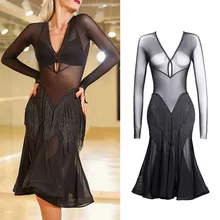 Женское платье для латинских танцев, танго, сальса, ча-Самба, Румба, одежда для шоу, черное Сетчатое сексуальное платье с v-образным вырезом для соревнований, DNV12189