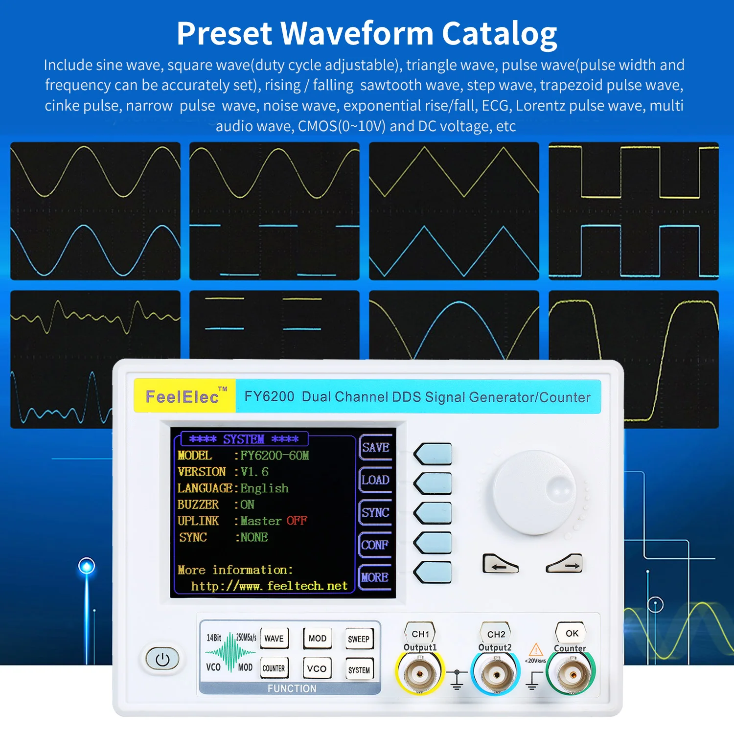 

FeelElec FY6200-20M Signal Generator DDS Dual-channel Function/Arbitrary Waveform Generator 250MSa/s Function Source Generator