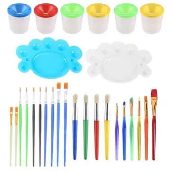 

28 Pcs No Spill Paint Cups Set with Lids and Paint Brushes for Watercolor Art Q6PA