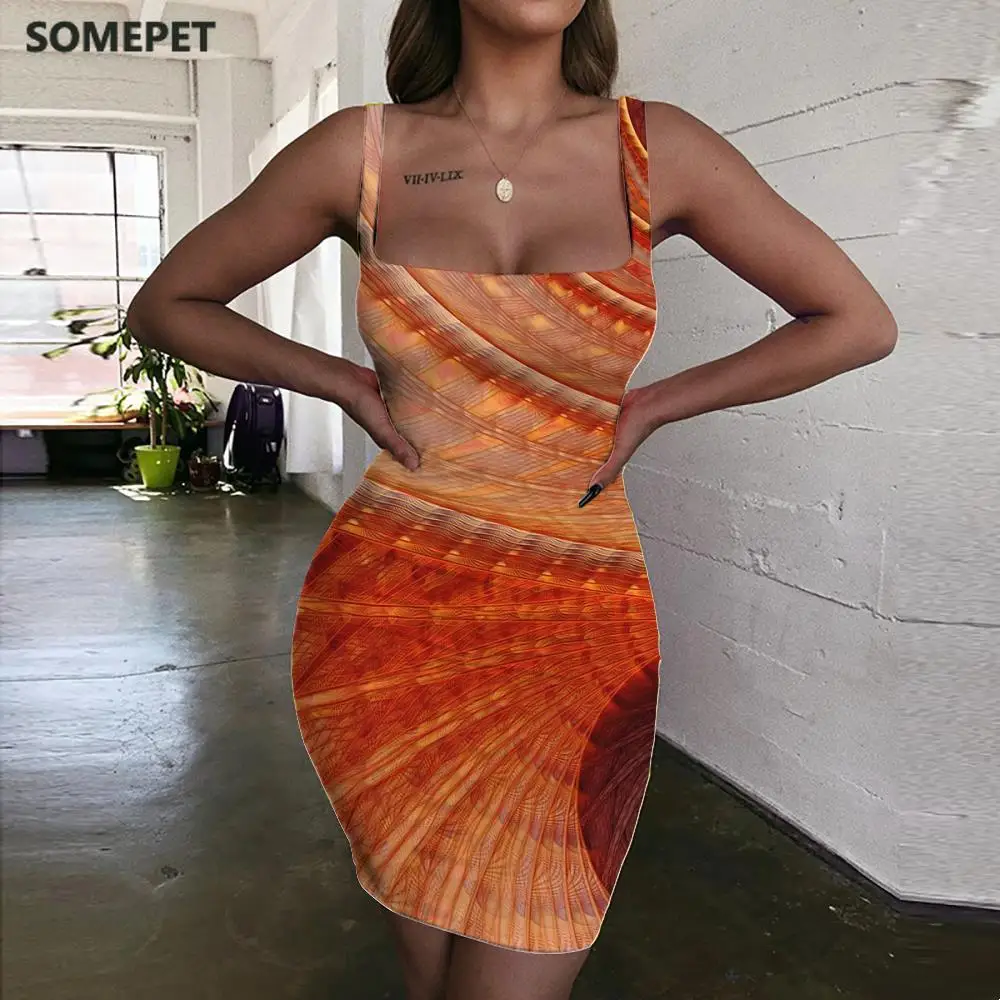 

SOMEPET Dizziness Dress Women Abstract Sundress Creativity Bodycon Dress Art Halter Sleeveless Womens Clothing Party Beach Boho