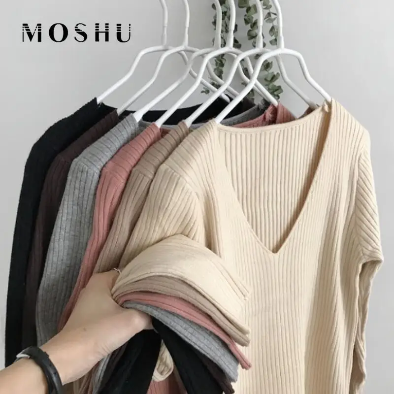 

2019 Autumn Winter Sweater Pullover Women Female Knitted sweater Basic V-neck Solid Slim Long Sleeve Bodycon Sweater Elastic