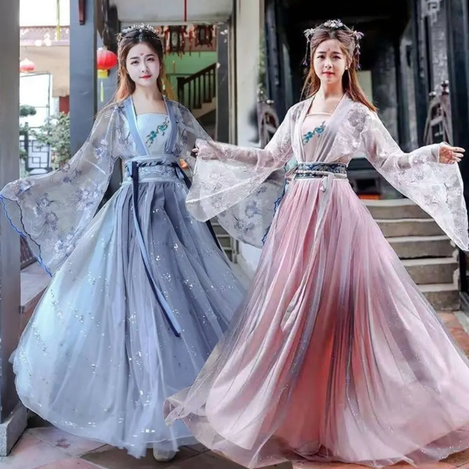 Traditional Chinese National Costumes Cultural Wear Dance Costume Flower Embroiery Waist Hanfu Dress Fairy Princess Blue Pink