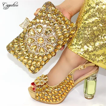 

Elegant Gold Wedding/Party High Heel Sandal Shoes And Evening Bag Set With Crystal Stones CR170 Height 11.5 CM