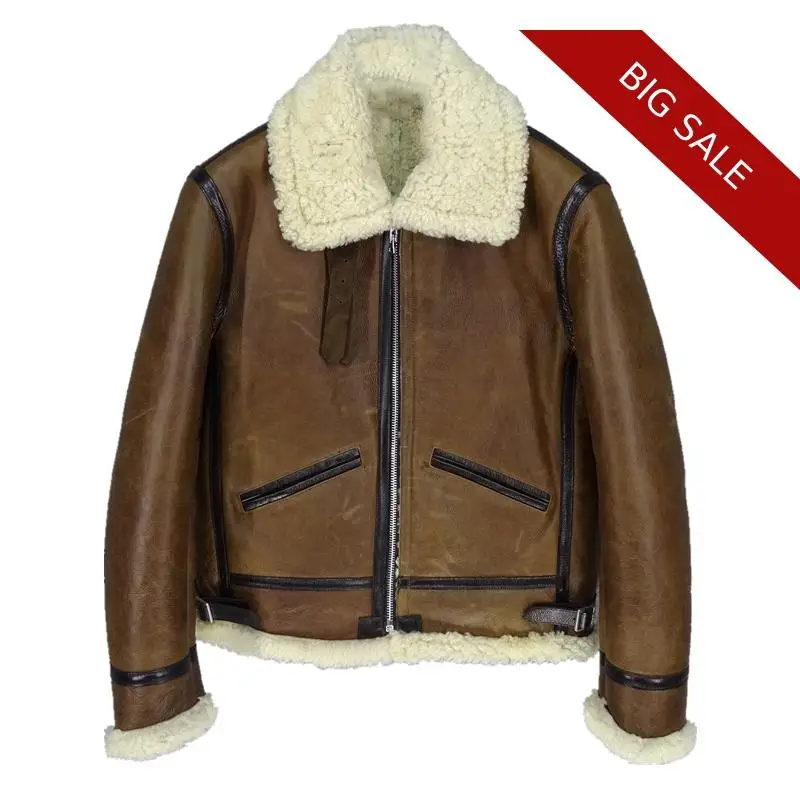 

2020 Brown Men B3 Bomber Pilot Shearling Coat Plus Size XXXXL Genuine Sheepskin Russian Winter Thick Aviator Shearling Jacket