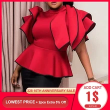 Red Falbaba Women Blouse Tops Summer African Ruffles Sleeve High Waist Female Shirts Elegant Office Lady Work Tops 2020 Blouses