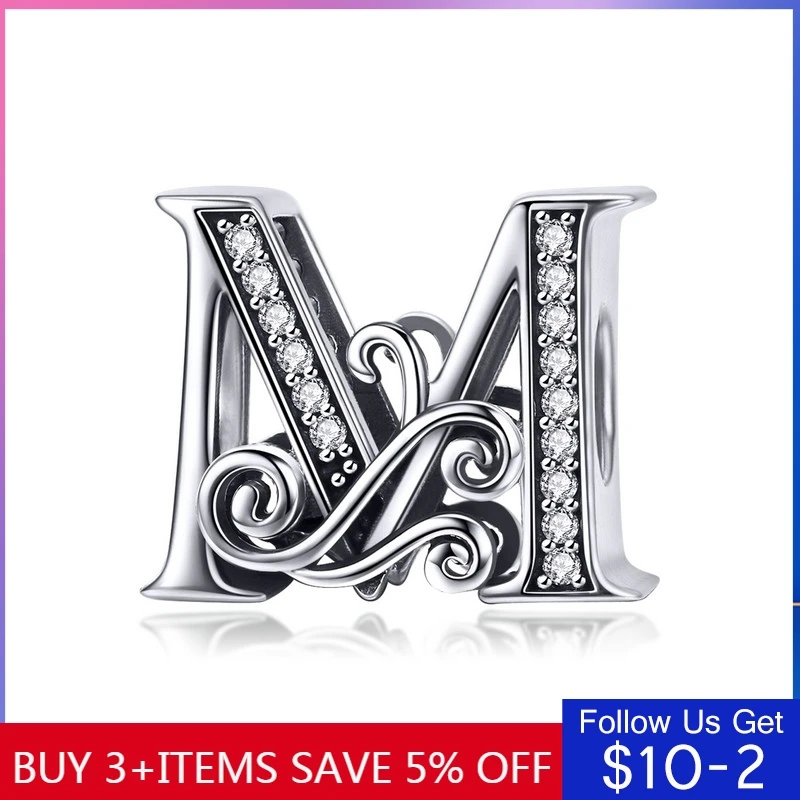 

LByzHan 100% 925 Sterling Silver Letter M Alphabet Beads Charms Fit Charm Bracelets & Bangles DIY Accessories Jewelry C030-K