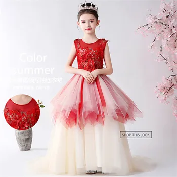 

Children Model Shows Catwalk Performance Piano Pageants Princess Long Tail Mesh Dress Girls Birthday Wedding Party Dress Clothes