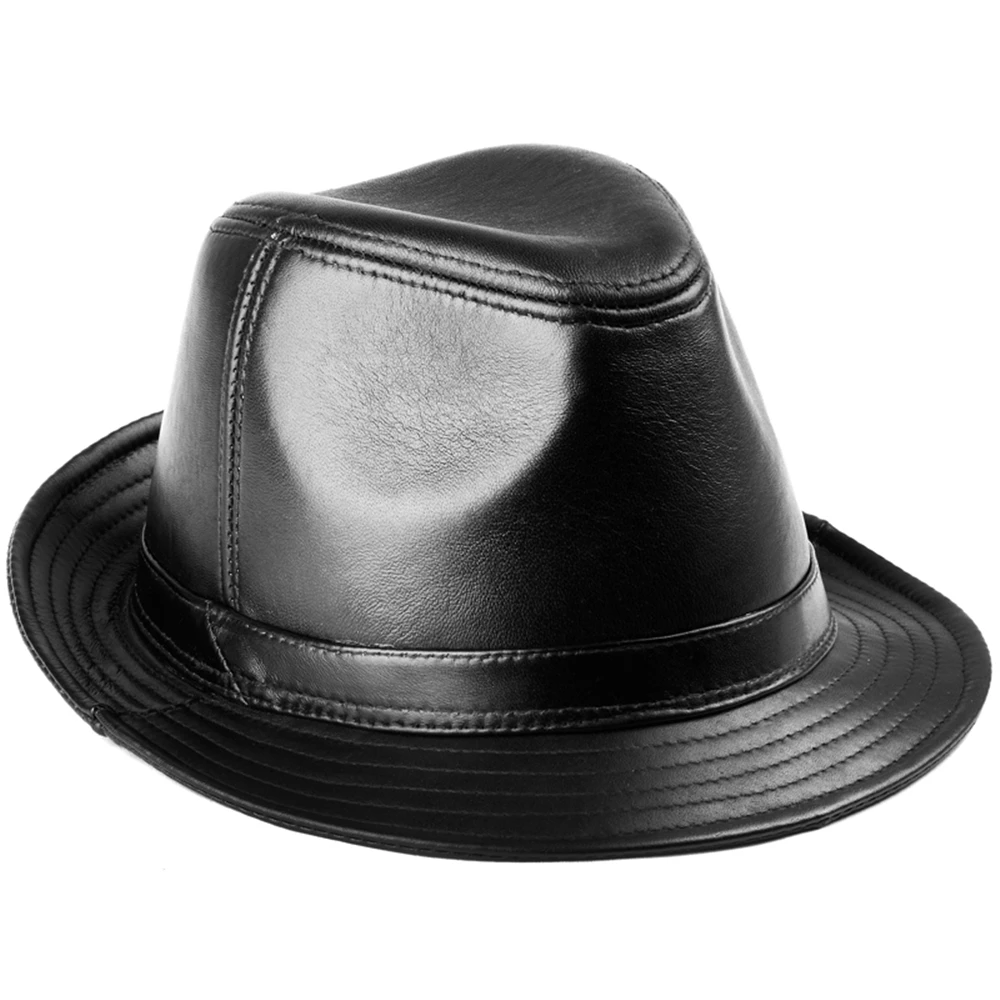 LA SPEZIA Black Fedora Hat Men Genuine Leather Sheepskin Jazz Cap Autumn Winter British Casual High Quality Wide Brim Hat LA SPEZIA Black Fedora Hat Men Genuine Leather Sheepskin Jazz Cap Autumn Winter British Casual High Quality Wide Brim Hat