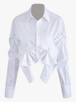 

2020 New Crop Tops Long Sleeve Shirt Pearls Pleated Korean Style Fashion Slim Ladies White Office Blouses Women Clothes SA736S30