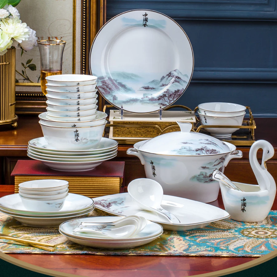 Керамическая столовая посуда Jingdezhen с 60 головками тарелка миска набор посуды