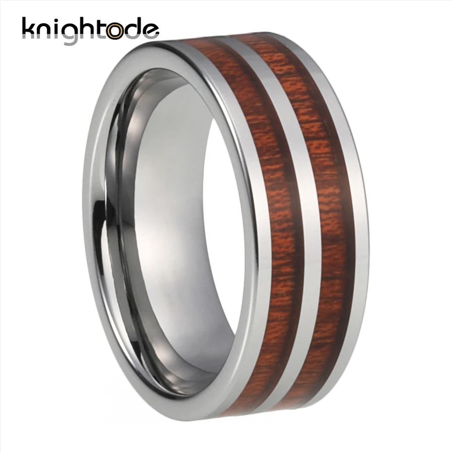 8mm Two Lines Koa Wood Tungsten Carbide Wedding Band  Men Anniversary Rings Flat Polishing Comfort Fit flat file wood carving tool metal polishing instruments wax file jewelry making tools