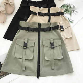 

ZCWXM A Line Zipper Women Mini Cargo Skirts Pockets Sashes Bodycon Solid Ladies Short Skirt 2020 Summer Sexy Black Khaki Bottom