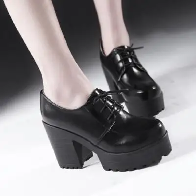 Г. Новые туфли на толстой подошве на высоком каблуке Женская обувь в британском стиле Осенняя повседневная женская обувь на шнурках с круглым носком для студентов - Цвет: Черный