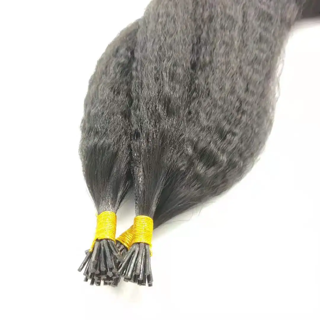 Bluelucky High Quality One Donor Natural Black Virgin Remy I Tip Hair Extension Kinky Straight