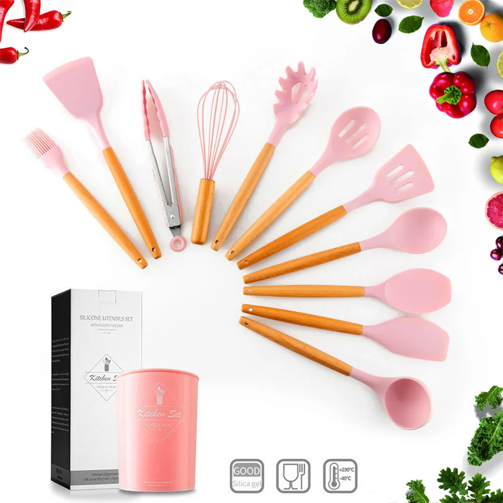 

12 Pcs Kitchen Utensils Set Silicone Spatula Cooking Utensils with Wooden Handles Silicone Nonstick Cookware Kitchen Tools Pink