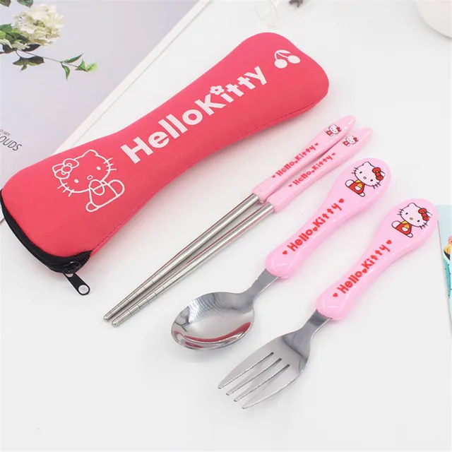 3PCS/Set Kawaii Cute Cat Stainless Steel Dinnerware Kitchen Supplies Chopsticks Utensil Flatware Spoon Fork For Kids Children Red