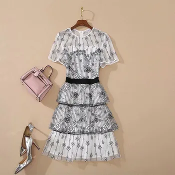 

Summer Runway Dress Women Clothes 2020 New Fashion Short Sleeve Floral Sequined Ruffle Cake Party Mesh Dresses Female Vestidos