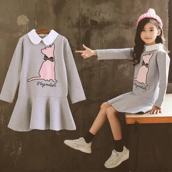 

Kids Clothes 8 to 12 6 13 years Children Girls Spring Dress Long Sleeve Cat Print Dress for Teenager Peter Pan Collar Dress Grey