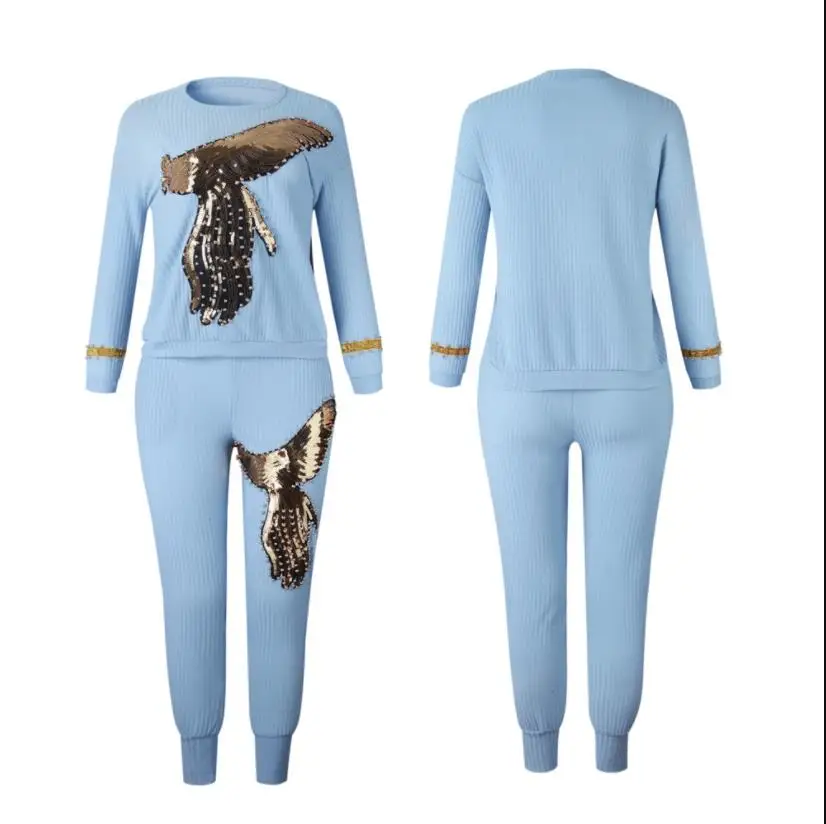 Africa Women Winter Handmade Beading Sequined Pattern Long Sleeve Knitted Pullover Tops Trousers 2PCS Clothing Sets - Цвет: As the picture