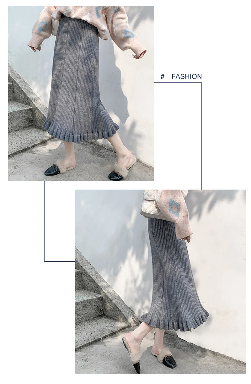 Lucyever/осенне-зимняя женская трикотажная длинная юбка, модная плиссированная юбка с высокой талией и оборками, элегантная Корейская однотонная женская юбка