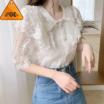 

Fashion Women Korean Kawaii Peter pan Collar Beading Floral Embroidery Lace Blouses Ladies Sheer Mesh Top Ruffle Lace Shirts