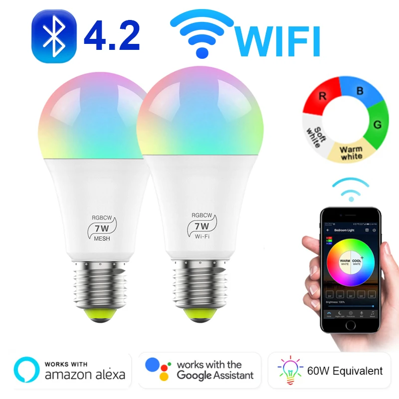 1/3/4/10 шт. смарт-лампы в виде Беспроводной Bluetooth 4,2/WI-FI вариант версия E27 лампы для домашнего освещения 7 Вт RGB+ CW+ WW холодный+ теплый свет с регулируемой яркостью