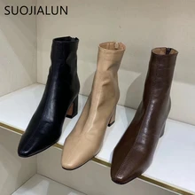 SUOJIALUN Winter Women Ankle Boots Inner Warm Plush Short Boot High Square Heel Zip Ladies Shoes Boots Bota Feminina