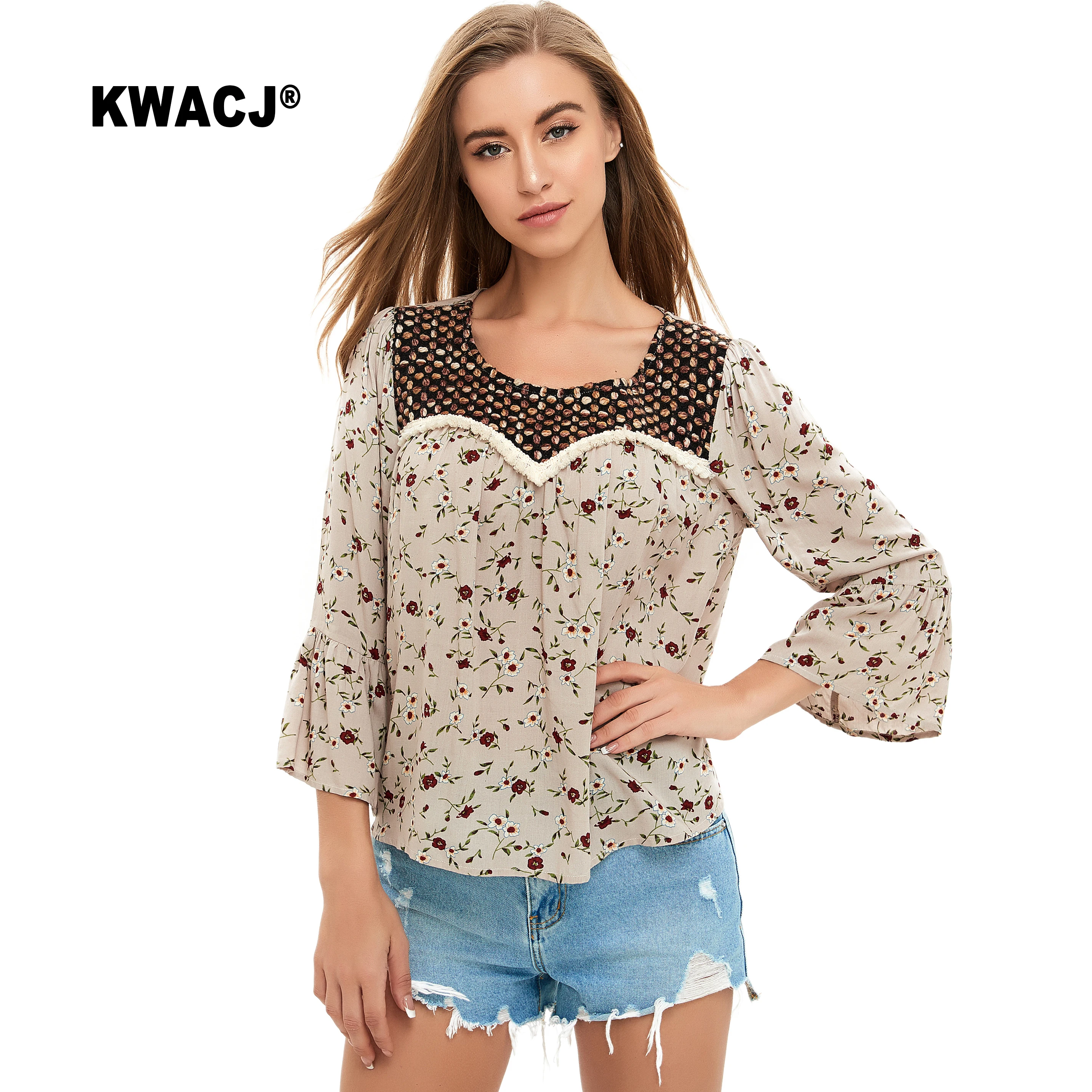 KWACJ Осенняя блузка с цветочным принтом кружевная рюшами и длинным рукавом