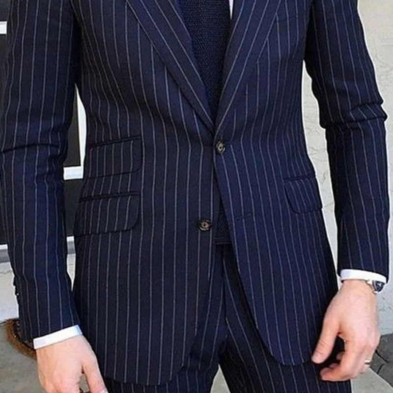 2 Piece Pinstripe Men's Suit Slim Fit for Formal Wedding Tuxedo Notched Lapel Navy Blue Striped Business Groom Male Fashion 3
