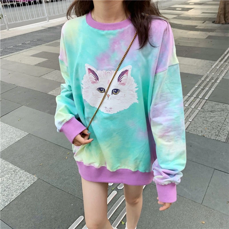 

Harajuku Women Sweatshirt Kawaii Cat Pattern Long Sleeve Pullover Mujer Casual Loose Thin Tops