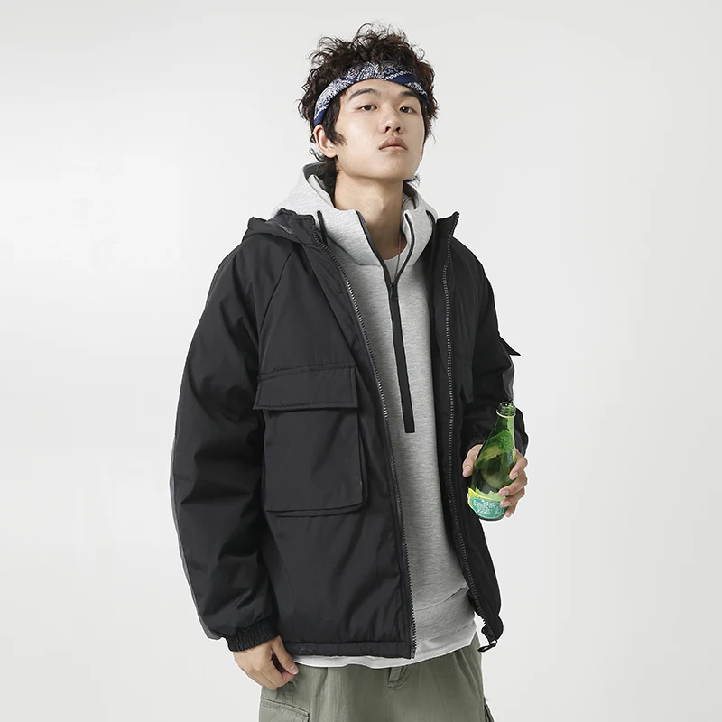 

YUECHEN Autumn And Winter New Men's Casual Two-color Three-dimensional Pocket Color Matching Collar Hooded Cotton Coat