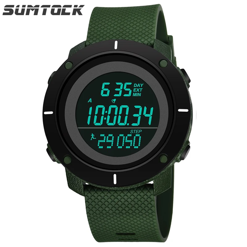 

Sumtock 3D Pedometer Watch Men Record Steps Sport Watch Led Digital Big Dial Simple Green Military Multifunction Watch