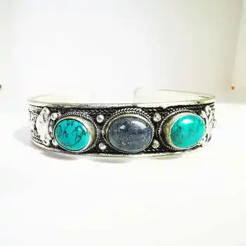 

Tibetan Bangles Copper Inlaid Simulated Turquoises Open Cuff Nepal Vintage Jewelry BB-128